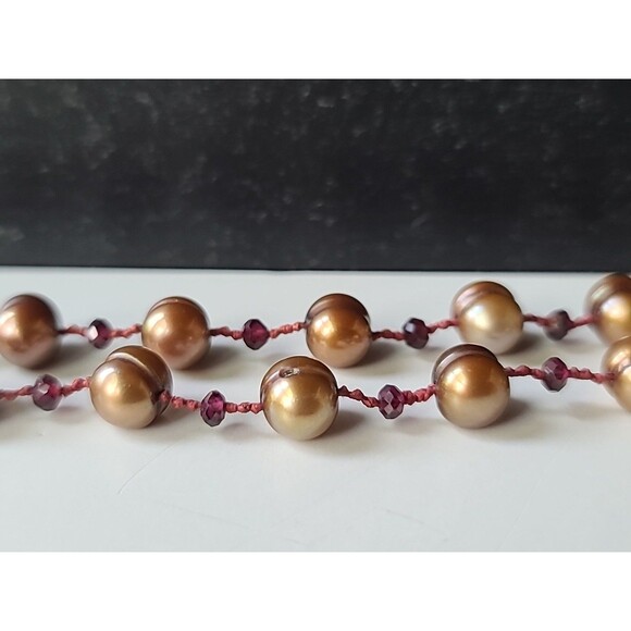 925 Sterling Silver Heart Shaped Clasp Garnet & Pearl Station Necklace Vintage - Picture 5 of 10